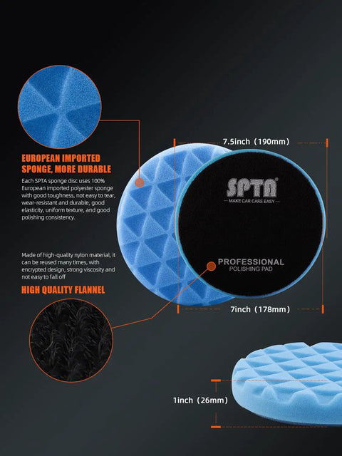 Ten Piece Polishing Pads Kit With Seven Inch Foam Buffing Pads for Car Waxing features blue pads with texture detail and dimensions.