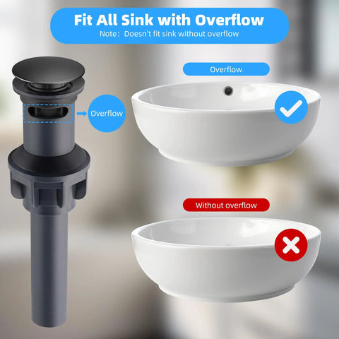 Two Pack Universal Bathroom Sink Drain Stopper With Overflow Push And Seal Pop Up Strainer Basket in use diagram