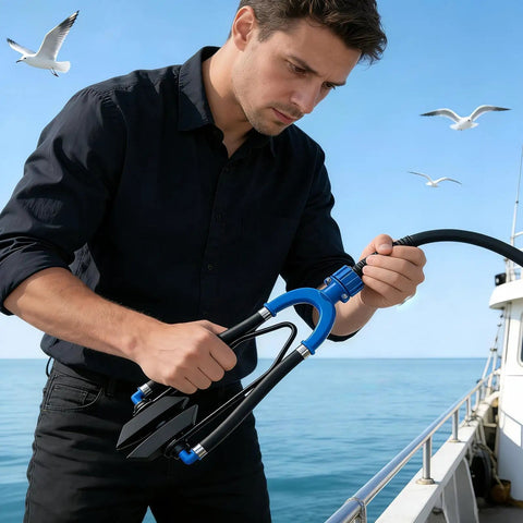 Man using Outboard Engine Flush Kit With Rubber U Bend Muff And Quick Attach Hose Interface For Clean Water Feed To Cool Outboards