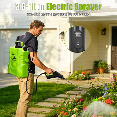 Man using Cordless Backpack Sprayer 3 Gallon With Digital Display And Adjustable Pressures Electric Pump in garden