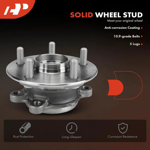Close-up of solid wheel stud and 5-lug hub in Two Front Wheel Bearing and Hub Assemblies Set 5 Lug For Toyota Camry 2018 To 2024.