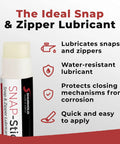 Snap Stick Zipper And Snap Lubricant for Easy Zippers And Snaps, White Quick Glide Formula Keeps Gear Moving, No More Sticks, Easy Apply On Bags, Jackets, Outdoor Gear And Boats. White 1-unit stick bottle