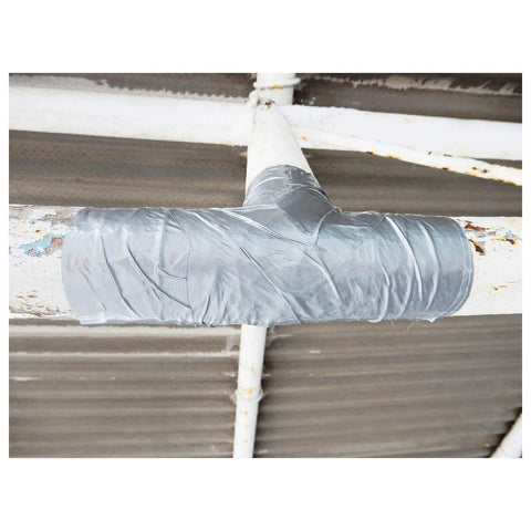 Duck Brand duct tape wrapped around a pipe joint; silver, 1.88-inch wide, 60-yard roll