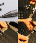 Round Hole Punch Edge Sharpener For DIY Leatherwork, handy manual grinder tool, shown refining leather punch edges in use