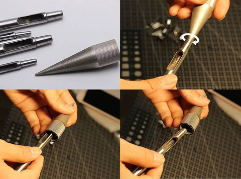 Round Hole Punch Edge Sharpener For DIY Leatherwork, handy manual grinder tool, shown refining leather punch edges in use