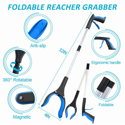 Senior Daily Living Assist Kit No Bending Sock Aid Foldable Reacher Grabber With 360 Degree Rotating Jaw and Magnet