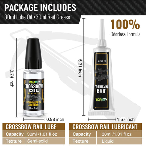 Crossbow Maintenance Kit With Rail Lube And Oil, 1 oz rail grease and 1 oz liquid lubricant with applicator shown on package