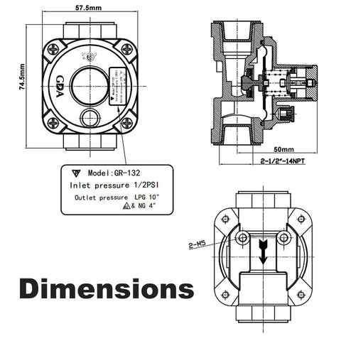 1/2 in natural gas pressure regulator with two brass adapters; front and side views with dimensions