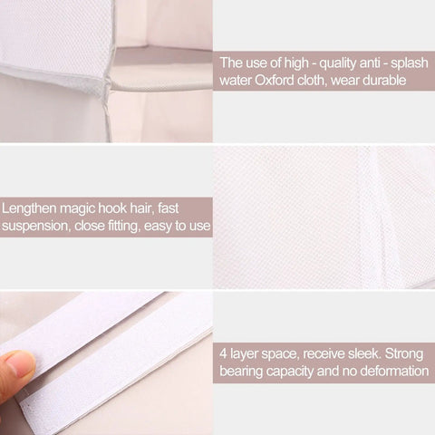 Detail of Four Tier Hanging Closet Storage Bag With Thick Oxford Fabric showing reinforced seams and strong hook for easy use.