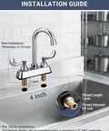 Installation guide for Phivan 4" Deck Mount Brass Kitchen Sink Faucet, 3-1/2" Gooseneck Spout with dimensions.