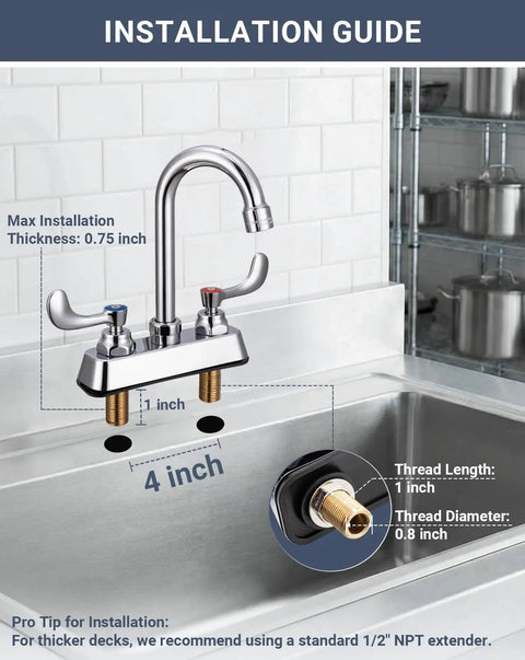 Installation guide for Phivan 4" Deck Mount Brass Kitchen Sink Faucet, 3-1/2" Gooseneck Spout with dimensions.