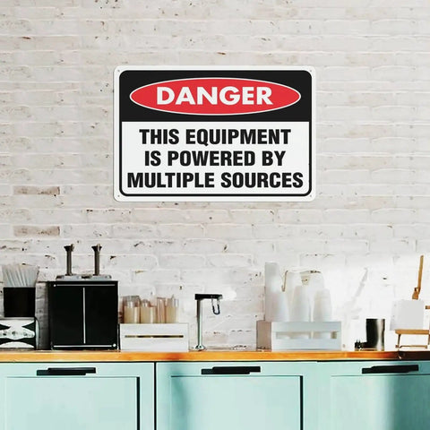 Danger Sign For Multiple Power Sources Supply This Equipment 8x12 Inch Weather Resistant Aluminum Plaque Pre Drilled For Home Entry Doors Office Spaces Yards And Maintenance Zones High Visibility mounted on a white brick wall