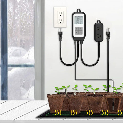 Smart WiFi Cooling And Heating Thermostat Outlet With Tuya Controller for plant temperature control, mounted next to seedlings.