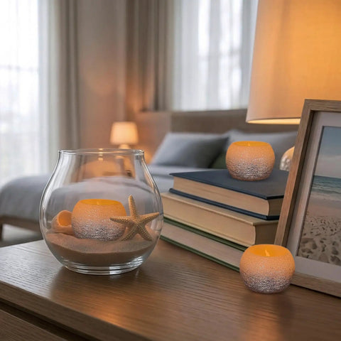 Small Real Wax Flameless Candles with Silver Glitter, LED Flicker, Battery Included, 3 Pack on a cozy bedside table setup