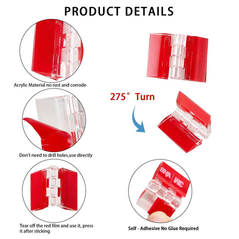 Clear Acrylic Tiny Hinges 10 Pack Self Adhesive 33 x 25 Millimeters with 275° wide rotation showcasing self-adhesive feature