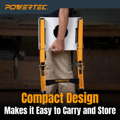 Heavy Duty Folding Router Table Stand With Adjustable Height Workstation Base For Trim Routers Wall Mount Ready being carried.