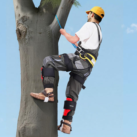 Person using Height Adjustable Tree Climbing Spikes Set With Straps And Protectors, Pro Grade Lightweight Aluminum Spurs For Arborist Work