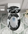 Elongated Resin Toilet Seat Universal Fit for Bathroom in black and white marbled design on toilet bowl.