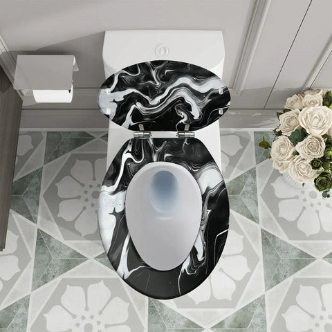 Elongated Resin Toilet Seat Universal Fit for Bathroom in black and white marbled design on toilet bowl.
