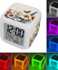 Straight Up Cool Seven Color LED Cube Alarm Clock With Temp And Date Display Vintage Floral Butterfly Night Light smooth silicone snooze switch