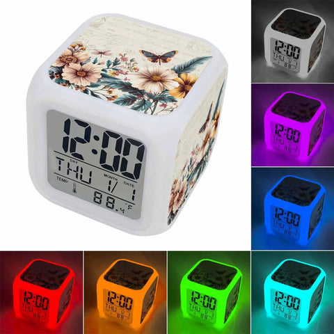 Straight Up Cool Seven Color LED Cube Alarm Clock With Temp And Date Display Vintage Floral Butterfly Night Light smooth silicone snooze switch