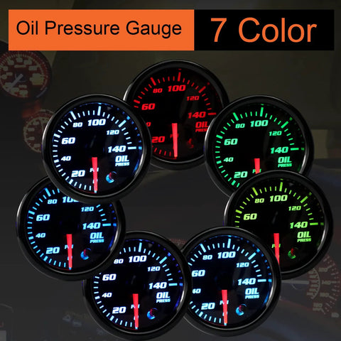 Set of 7 52mm oil pressure gauges with 7-color LED backlight and 0–140 PSI scale