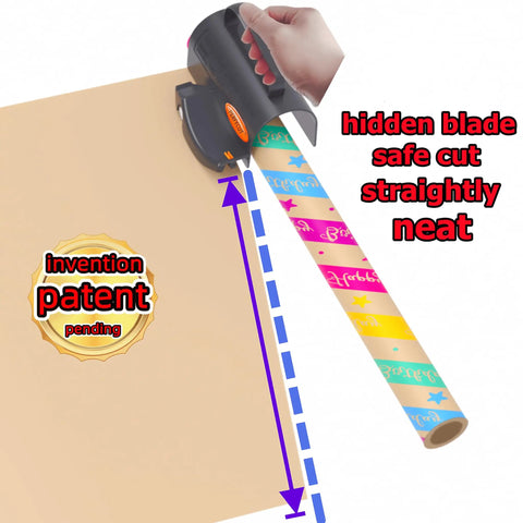 Smooth As Butter Rotary Wrapping Paper Cutter With Three Quick Swap Blades For Dead Simple Gift Roll Slicing And Straight Fire Holiday Craft Supplies Pro Grade Desktop Stationery Tool cutting wrapping paper with a hidden blade.