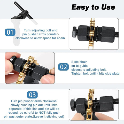 Instructions for Universal Bike Chain Breaker Tool For 1 To 13 Speed Chains with images of tool in use on a bike chain.