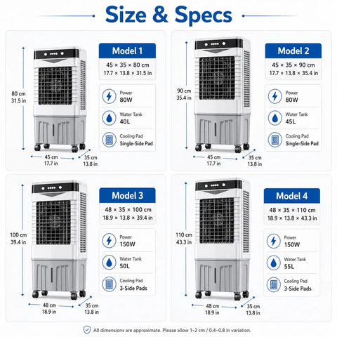 Detailed sizes and specs for Top Notch Portable Evaporative Swamp Cooler Featuring Dual Side Cooling Pads And Generous Water Tank.