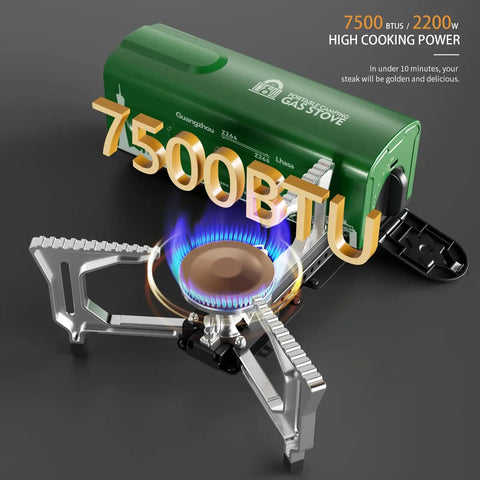 Portable Butane Gas Camping Stove With 7500 BTU Output Ultra Compact Folding Design with visible blue flame and green body