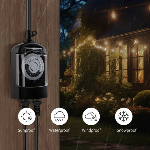 Top Shelf 24 Hour Mechanical Outdoor Timer Outlet 2 Pack Waterproof Weatherproof Switch for Heavy Duty Pool Pumps and Garden Landscape Lighting 15 Amp 3 4 Hp Black Finish on a wall.