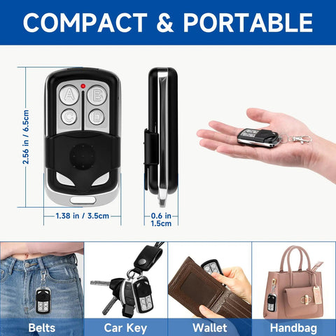 Garage Door Opener Remote Keychain Fits Chamberlain LiftMaster And Craftsman From 1993 To Present Replaces 373LM 973LM 81LM 893LM 893MAX 890MAX 953EV EVC Wireless Keyless Entry For Quick Access, compact design shown on hand, belt, car key, wallet, handbag.
