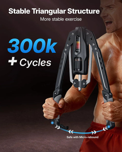 Merach Twister Arm Trainer Hydraulic Strengthener For Forearm And Arms With Upgraded Protective Housing 22 To 440lb Resistance Level Gauge Durable Design showing stable triangular structure.