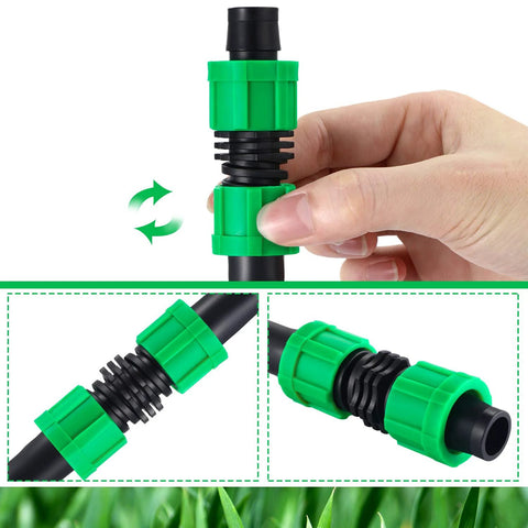 Hotop 12-piece green 5/8-inch universal drip irrigation connector attached to black tubing