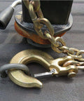 Five Sixteenth Inch Clevis Slip Hook With Safety Latch for Heavy Duty Towing and Trailer Winch Use, attached to chain
