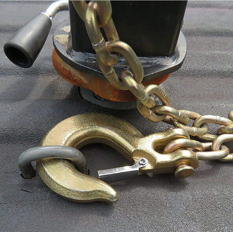Five Sixteenth Inch Clevis Slip Hook With Safety Latch for Heavy Duty Towing and Trailer Winch Use, attached to chain