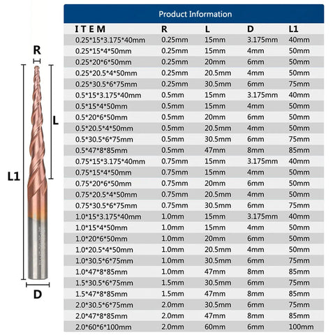 Professional Grade Premium Carbide Cnc Ball Nose End Mill Cutter Hrc62 TiCN Coated engraving specifications chart.