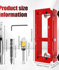 Door Hinge Jig Pro Grade Aluminum Alloy Mortiser Kit with size information and adjustable router bits for door hinges.