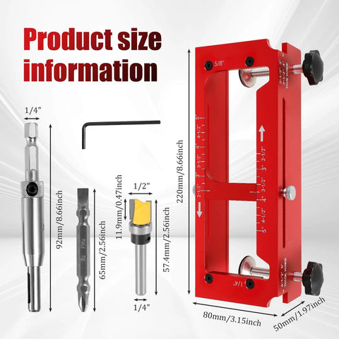 Door Hinge Jig Pro Grade Aluminum Alloy Mortiser Kit with size information and adjustable router bits for door hinges.