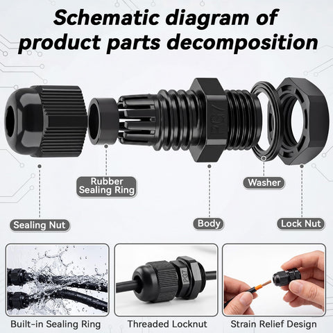 Diagram of 60 Piece Waterproof Cable Gland Kit With IP68 Rating Includes PG7 PG9 PG11 PG13.5 PG16 PG19 Sizes components.