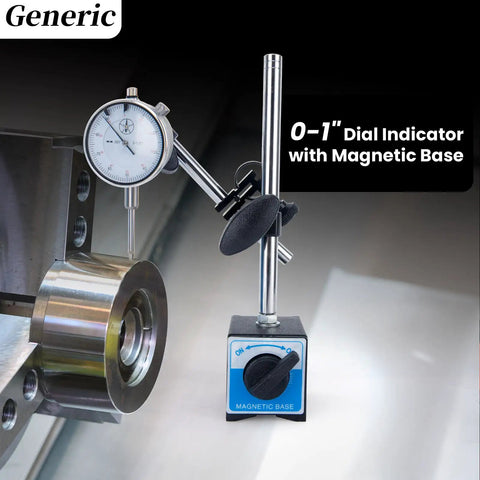 Beefy Magnetic Base Dial Indicator 0-1 Inch Precision Gauge With 0.001 Inch Accuracy, 9 Inch Arm, mounted on metal surface.