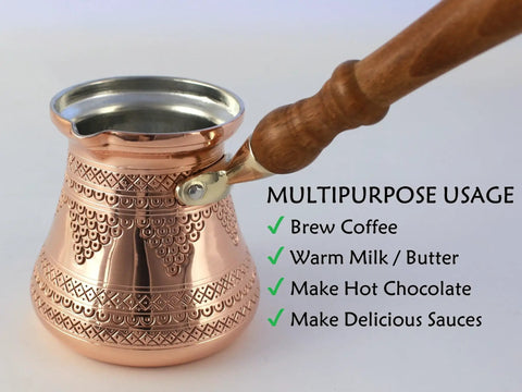 Thickest Solid Copper Cezve Coffee Pot With Engraved Hammered Finish And Wooden Handle For Legit Turkish Greek Arabic Coffee Brew