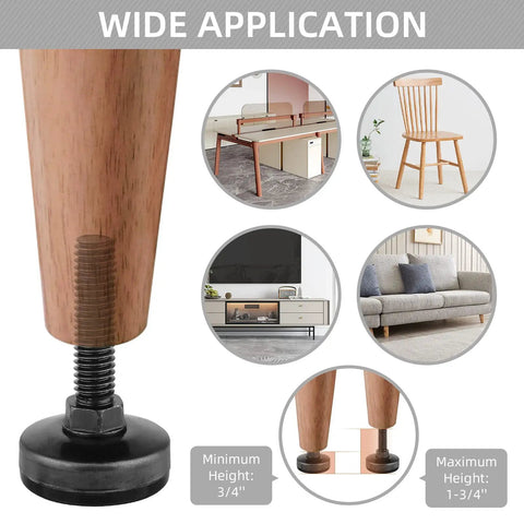 Three Eighth Inch Thread Leg Levelers 24 Pack Beefy Heavy Duty Adjustable Furniture Feet shown with applications