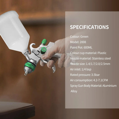HVLP Spray Gun Kit Featuring Quick Swap 1 Point 4 To 2 Point 5 Millimeter Nozzles, green nozzle and paint cup, aluminum body, detailed specifications.