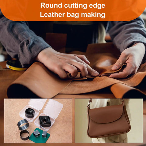 Hands using circle leather punch tool set for DIY crafts with eight hole dies in 20 25 30 35 40 45 50 55mm on leather fabric.