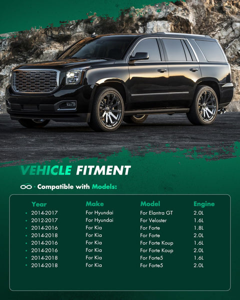 Black SUV with fitment chart detailing compatibility for Hyundai and Kia models on rocky terrain background.
