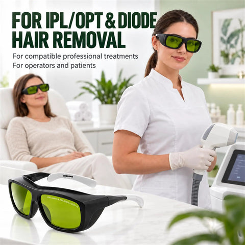 Game Changers Multi Wavelength Laser Safety Glasses Built Tough For Pro Hair Removal And Tattoo Parlors Rocking Legit IPL Eyewear Shields Across UV Infrared And Laser Sources on a table with a practitioner in a clinic.