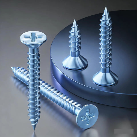 Heavy Duty Zinc Plated Flat Head Wood Screws With Drywall Anchors Built Like A Tank 385 Piece Assortment Kit showing silver screws on a surface.