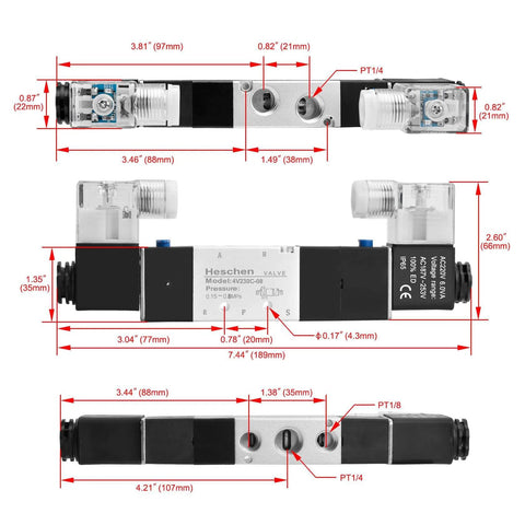 Dimensions diagram of Go-To Electrical Pneumatic Solenoid Valve 4V230-08C 220VAC PT1/4 Port Five Way Three Position Internally Piloted