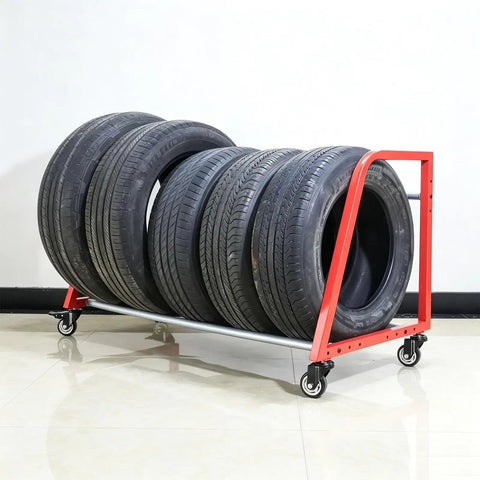 Heavy Duty Wall Mount Wheel Shelf Holds Four Tire Rims Adjustable Garage Storage Rack displaying four tires on a sturdy red frame.